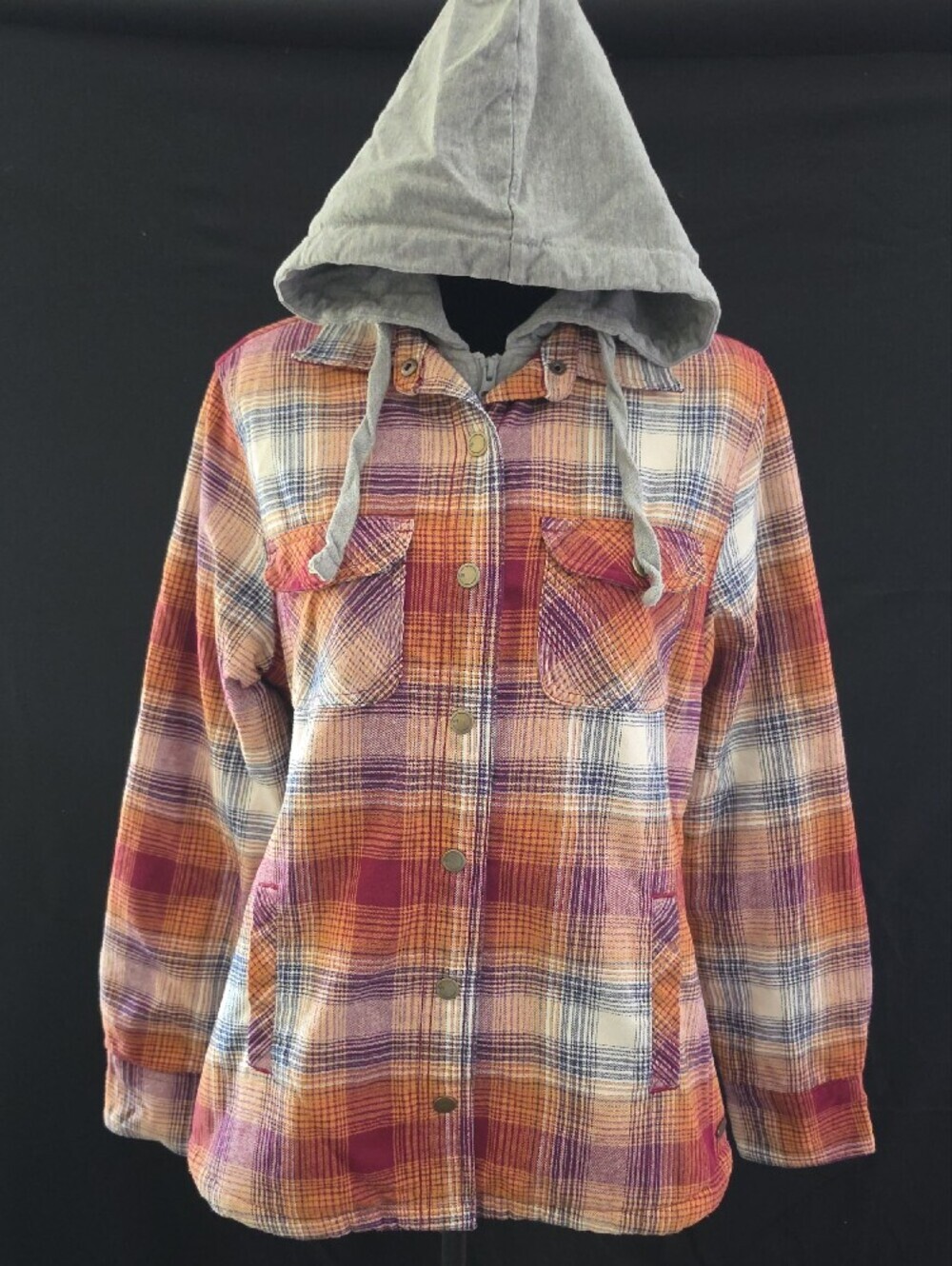 Natural Reflections Plaid Hooded Shirt Jacket - Red, Purple, Gray - Picture 7 of 15